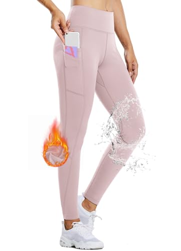 BALEAF Thermo Leggings Damen mit Taschen Wanderleggings Kompression Fitness Hose high Waist Laufhose lang Outdoorhose Wasserabweisend gefütterte Rosa L von BALEAF