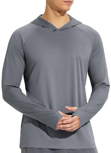 BALEAF UV Shirt Herren Rashguard Sonnenschutz Hemd Langarm UPF 50+ Kapuzenpullover leicht mit Daumenloch für Laufen Surfen Outdoor Angeln Hellgrau XXL von BALEAF