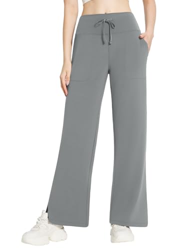 baleaf Weite Hose Damen Yogahose Lang Hohe Taille Freizeithose Damen Palazzo Hose Jogginghose Schlaghose mit Taschen Dunkelgrau 3XL von baleaf