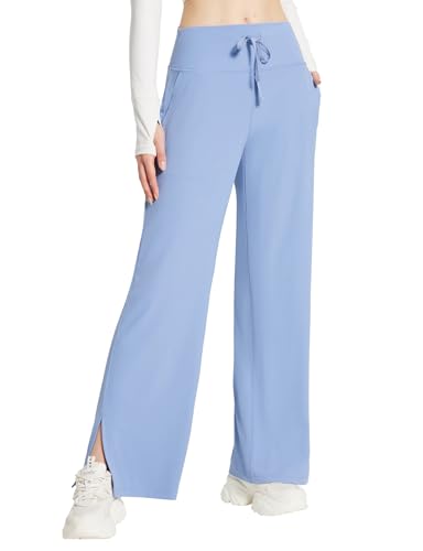 baleaf Weite Hose Damen Yogahose Lang Hohe Taille Freizeithose Damen Palazzo Hose Jogginghose Schlaghose mit Taschen Lavendelblau 3XL von baleaf