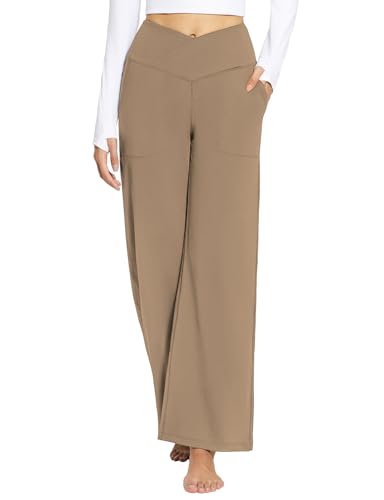 baleaf Weite Hose Damen Yogahose mit Taschen Stoffhose Hohe Taille Jogginghose Straighthose Bauchkontrolle Schlaghose Sporthose Braun XXL von baleaf