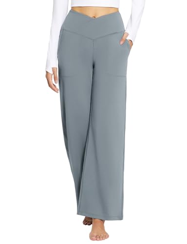 baleaf Weite Hose Damen Yogahose mit Taschen Stoffhose Hohe Taille Jogginghose Straighthose Bauchkontrolle Schlaghose Sporthose Grau XXL von baleaf