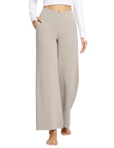 baleaf Weite Hose Damen Yogahose mit Taschen Stoffhose Hohe Taille Jogginghose Straighthose Bauchkontrolle Schlaghose Sporthose Khaki XXL von baleaf