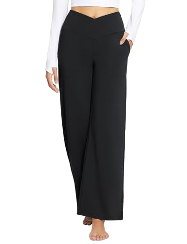 baleaf Weite Hose Damen Yogahose mit Taschen Stoffhose Hohe Taille Jogginghose Straighthose Bauchkontrolle Schlaghose Sporthose Schwarz XXL von baleaf