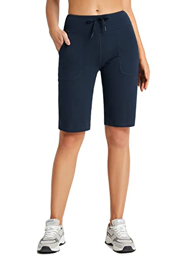 BALEAF Women's 12" Long Bermuda Shorts Cotton High Waisted Walking Casual Yoga Pockets Drawstring Navy M von BALEAF