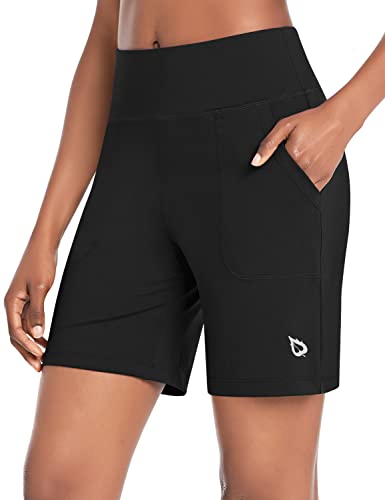 baleaf Damen 7" Bermuda Shorts Sommer Kurze Hose Hohe Taile Sporthose kurz mit Taschen Laufshorts Runningshorts Schwarz XL von baleaf