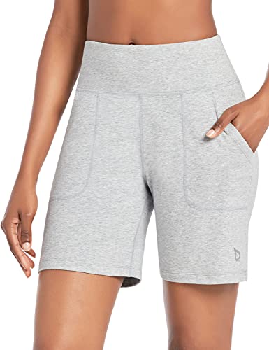 baleaf Damen 7" Bermuda Shorts Sommer Kurze Hose Hohe Taile Sporthose kurz mit Taschen Laufshorts Runningshorts Grau L von baleaf