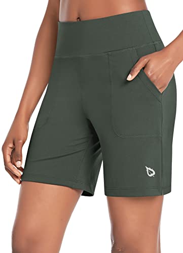 BALEAF Women's 7" Athletic Long Shorts High Waisted Running Bermuda Shorts with Pockets Olive Green Large von BALEAF