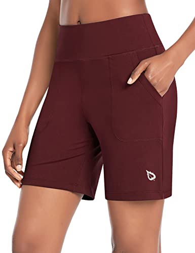 BALEAF Women's 7" Athletic Long Shorts High Waisted Running Bermuda Shorts with Pockets Wine 3X-Large Plus Size von BALEAF