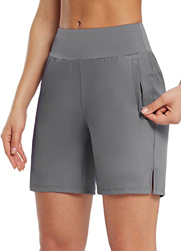 BALEAF Women's 7" Long Shorts Athletic Running Shorts with Zipper Pockets Unlined Quick Dry Gray L von BALEAF