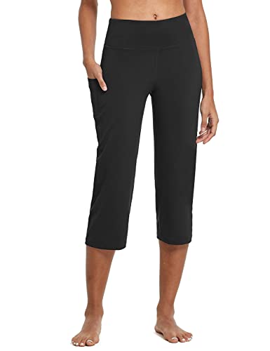 baleaf Yogahose Damen 3/4 Casual Freizeithose Jogginghose gerades Bein High Waist Traininghose Arbeitshose mit Taschen Bauchkontrolle für Fitness Workout Training Freizeit Schwarz L von baleaf
