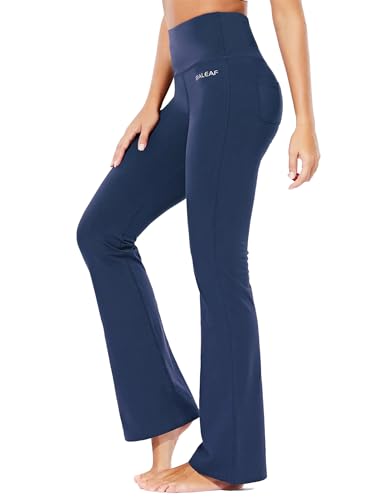 baleaf Yogahose Damen High Waist Schlaghose Bauchkontrolle Freizeithose Baumwolle Sporthose lang Yoga Pants mit Taschen Regulär/Groß Navy XS von baleaf