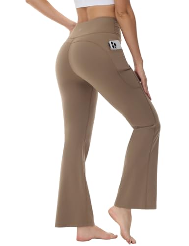 BALEAF Yogahose Damen High Waist Schlaghose Jazzpants Weiche Blickdicht Elastische Sporthose Bootcut Flare Hose mit Taschen Braun XS von BALEAF