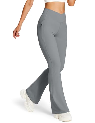 baleaf Yogahose Damen Lang High Waist Schlaghose mit Taschen Slim Fitness Bootcut Leggings Stretch Weich Jogginghose Bauchkontrolle Sporthose Dunkelgrau XXL von baleaf
