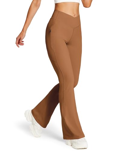 baleaf Yogahose Damen Lang High Waist Schlaghose mit Taschen Slim Fitness Bootcut Leggings Stretch Weich Jogginghose Bauchkontrolle Sporthose Hellbraun XL von baleaf