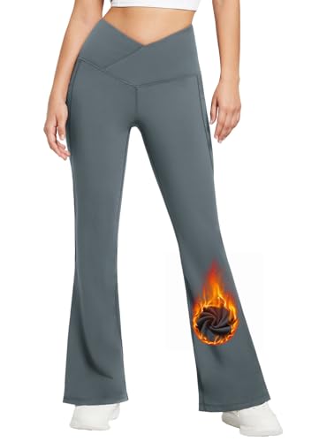 baleaf Yogahose Damen Thermo Bootcut Yogahosen Lang Mit Taschen Fleece Lined gefüttert Kreuz High Waist Schlaghose Weites Bein Relaxhose Gym Work Causal Grau XXL von baleaf