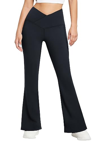 BALEAF Yogahose Damen Thermo Fleece Lined gefüttert High Waist Kreuz Bootcut 29'' Schlaghose Jogginghose Weites Bein Jazzpants Relaxhose Schwarz L von BALEAF