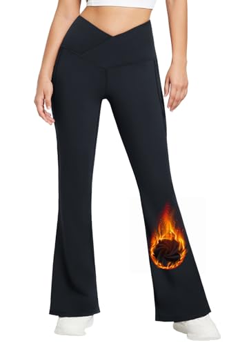 BALEAF Yogahose Damen Thermo Fleece Lined gefüttert High Waist Kreuz Schlaghose Jogginghose Weites Bein Jazzpants RelaxhoseSchwarz M von BALEAF