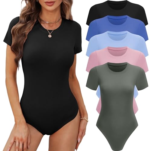 BALENNZ Damen 4/5er Pack Kurzarm Rundhals Bodysuit Tops Rundhals Basic Casual T-Shirt Bodys, 5er-Pack Schwarz, Olivgrün, Rosa, Himmelblau, Königsblau, XX-Large von BALENNZ