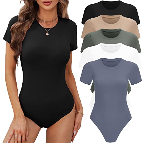 BALENNZ Damen 4/5er Pack Kurzarm Rundhals Bodysuit Tops Rundhals Basic Casual T-Shirt Bodys, 5er-Pack Schwarz, Weiß, Olivgrün, Nude, Dunkelblau, Large von BALENNZ