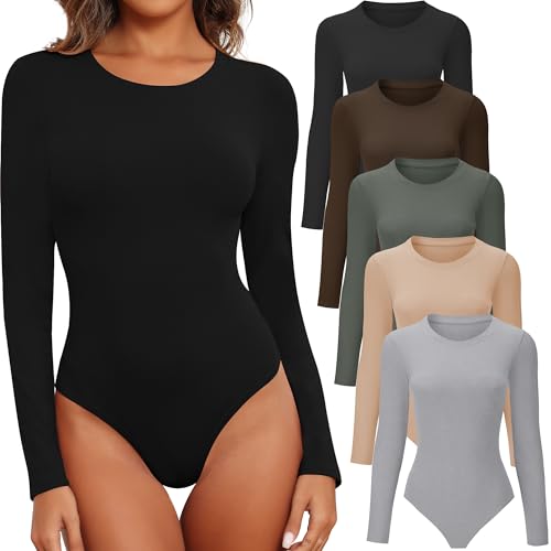 BALENNZ Damen Langarm Bodysuit Rundhals Bodysuit Shirts für Frauen Rundhalsausschnitt Body Suits Tops Herbst Body Suit Pack, 5er-Pack Schwarz & Nude & Hellgrau & Olivgrün & Kaffee, M von BALENNZ