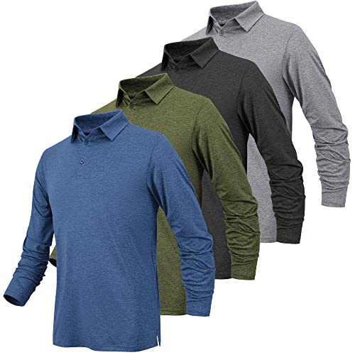 BALENNZ Langarm-Poloshirts für Herren, feuchtigkeitsableitend, Herren, langärmelig, Poloshirt, schnell trocknend, Golf-Polos für Herren, 4 Stück Mittelblau & Armeegrün & Schwarz & Grau, L von BALENNZ