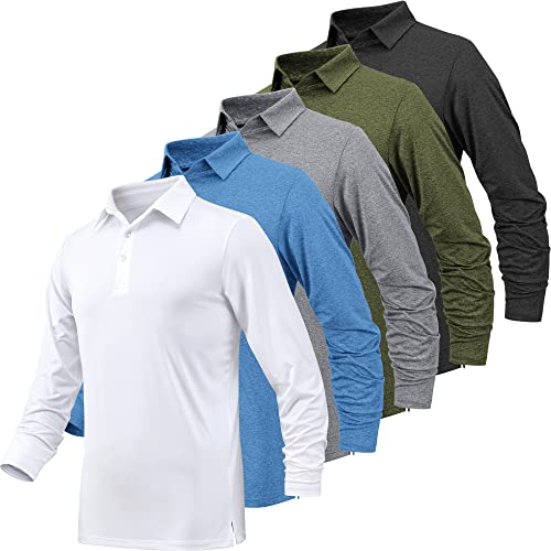 BALENNZ Langarm-Poloshirts für Herren, feuchtigkeitsableitend, langärmelig, schnell trocknend, Golf-Polos für Herren, 5er-Pack Schwarz & Grau & Hellblau & Weiß & Armeegrün, XL von BALENNZ