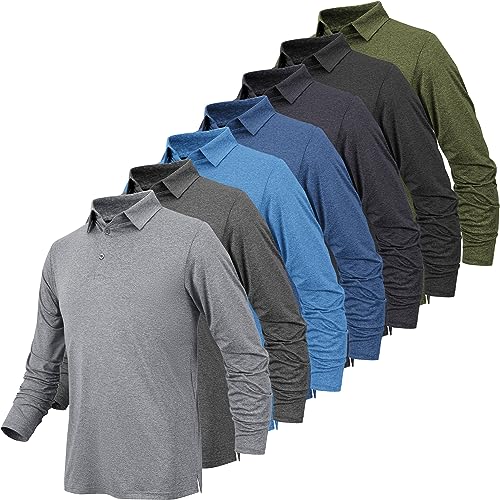 BALENNZ Langarm-Poloshirts für Herren, feuchtigkeitsableitend, langärmelig, schnell trocknend, Golf-Polos für Herren, 7er-Pack Schwarz & Armeegrün & Dunkelgrau & Marineblau & Grau & Mittelblau & von BALENNZ