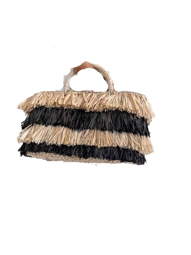 Boho Strohtasche Damen Handtasche mit Fransen – Geflochtene Sommer Korbtasche aus Bast & Rattan – Shopper Strandtasche Natur im Ethno Hippie Stil – Handarbeit aus Bali von BALI BALI