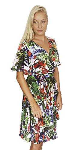 BALILLI Sommerkleid Damen Wickelkleid Blumenmuster - WrapDress Sommerkleid Tropcial Freizeitkleid Kleid mit Blumen Bunt Perfekt für Sommer Urlaub Freizeit OneSize Größe Verstellbar von BALILLI