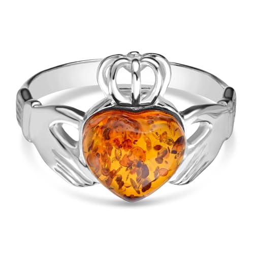 Bernsteinschmuck für Frauen – Sterling Silber Baltischer Honigbernstein Claddagh-Ring, Edelsteinschmuck, Geschenk, Verlobungsring, Aus Sterlingsilber, Bernstein von BALTICANA JEWELRY