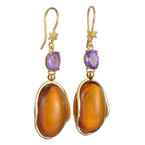 Ohrringe aus vergoldetem 925er-Sterlingsilber, Cognac-baltischer Bernstein und Amethyst von BALTICANA JEWELRY