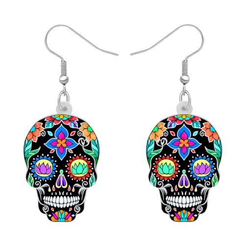 BAMAY Acryl Halloween Zucker Schädel Ohrringe Baumeln Drop Floral Schädel Candy Schmuck Geschenke für Frauen Mädchen Spooky Saison Charms Dekorationen (Schwarz) von BAMAY