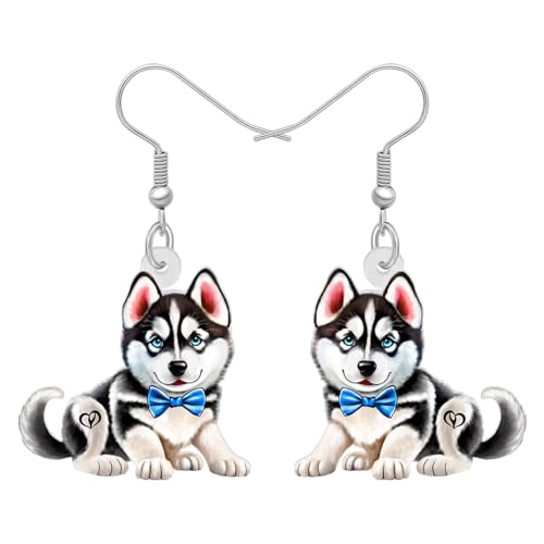 BAMAY Acryl Lustige Siberian Husky Ohrringe Baumeln Tropfen Welpe Schmuck Nette Haustiere Hund Geschenke für Frauen Mädchen Charms Dekor (Schwarz Weiß) von BAMAY