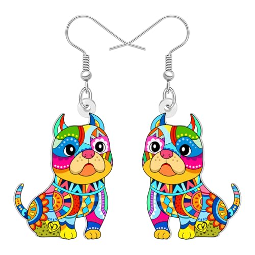BAMAY Cute Pitbull Geschenke Boho Pit Bull Hund Ohrringe Hängend Acryl Bohemian Schmuck Funky Hundeliebhaber Geschenke für Damen Mädchen Mama Tierhalter (Schillernd) von BAMAY
