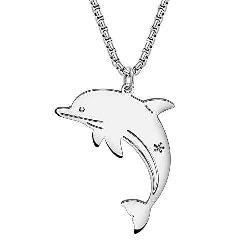 BAMAY Edelstahl Ozean Tiere Halskette Delphin Krabbe Schildkröte Seepferdchen Hai Anhänger Schmuck Geschenke für Damen Mädchen (Versilbert Delfin) von BAMAY