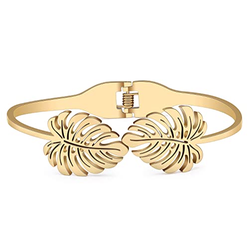 BAMAY Edelstahl Palm Blätter Armbänder Armreif 18K Gold Blätter armband für Frauen Mädchen Paar passende Armbänder Charms (Vergoldet Palmwedel Armband) von BAMAY