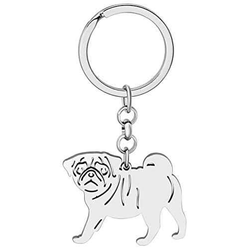 BAMAY Edelstahl Hund Rassen Schlüsselanhänger Mops Chihuahua Labrador Yorkshire Corgi Welpe Schlüsselring Charms Hund Geschenke für Frauen Mädchen (Pug Versilbert) von BAMAY