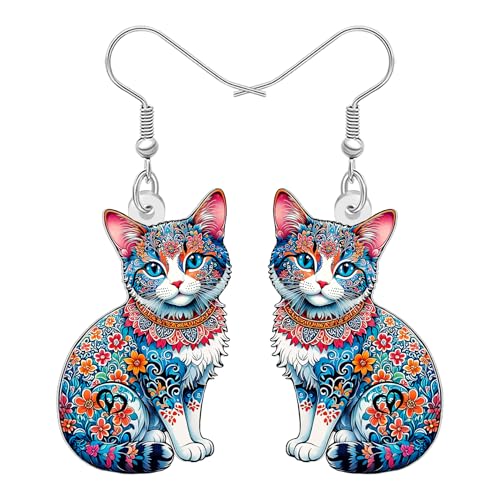 BAMAY Lustige Katze Liebhaber Geschenke Boho Katze Ohrringe Hängend Acryl Kätzchen Bohemian Schmuck Art Deco Funky Boho Geschenke für Damen Mädchen Mama Haustierbesitzer (Blau) von BAMAY