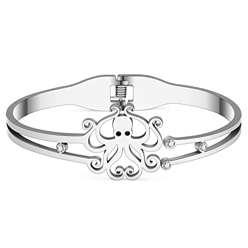 BAMAY Zierliche Edelstahl Oktopus Armbänder Armreif Charms Ozean Wal Delphin Armband für Frauen Mädchen Summer Schmuck (Versilbert Oktopus Armband) von BAMAY