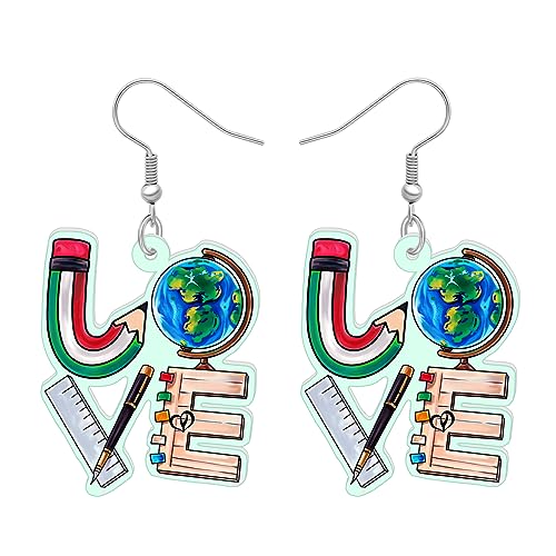 BAMAY Zurück zu Schule Bus Ohrringe Baumeln Charms Acryl Bleistift Buch für Lehrer Schülerinnen Frauen Mädchen Schmuck Geschenke (LOVE Bleistift Lineal Globus) von BAMAY
