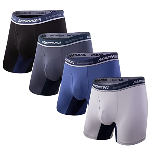 BAMBOO COOL Herren-Boxershorts mit offenem Hosenschlitz, normales Bein, feuchtigkeitsableitend, kühl, bequem, Unterwäsche für Herren, Schwarz/Silbergrau/Smogblau/Taubengrau (4er-Pack), Medium von BAMBOO COOL