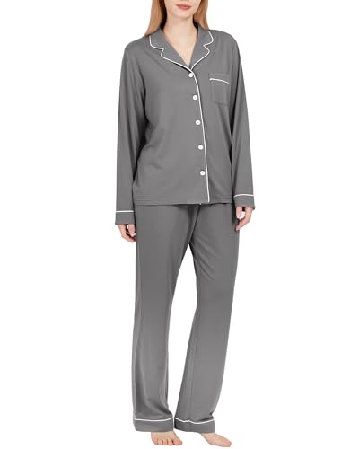 BAMBOO COOL Pyjama-Set für Damen Bequemes Lounge-Set Knopfleiste Schlafanzug Langarm-Pyjama-Set Dunkelgrau, S von BAMBOO COOL