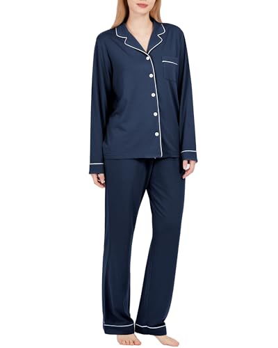 BAMBOO COOL Pyjama-Set für Damen Bequemes Lounge-Set Schlafanzug mit Knöpfen Langärmeliges Pyjama-Set Dunkelblau, M von BAMBOO COOL