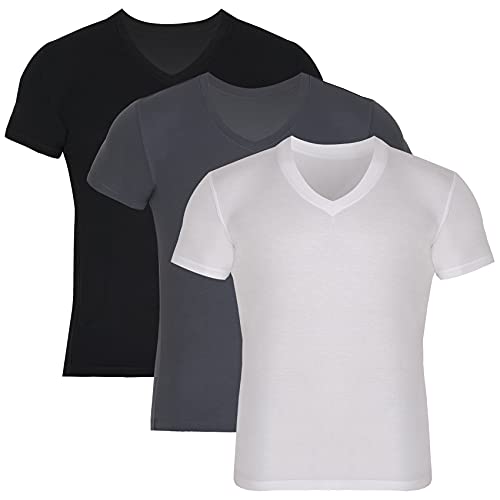 BAMBOOVEN Herren T-Shirt mit V-Ausschnitt – Rayon Bamboo, super weich, atmungsaktiv, klassischer V-Ausschnitt, modernes tailliertes T-Shirt, (3er-Pack), Schwarz-Dunkelgrau-Weiß, XL von BAMBOOVEN