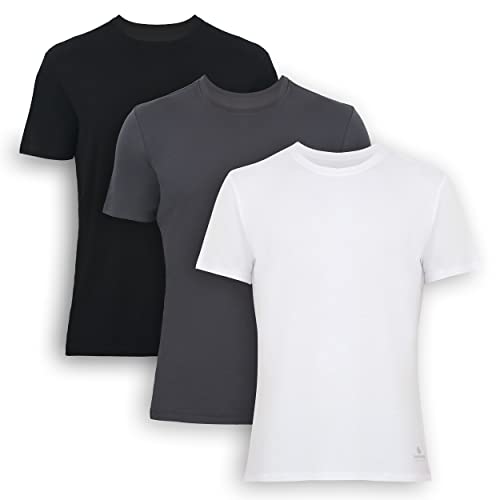 BAMBOOVEN Herren T-Shirts Rayon aus Bambus – Moderne Passform Feuchtigkeitstransport Unterhemd – Crewneck/V-Ausschnitt Tees, 3er-Pack, Rundhalsausschnitt, Schwarz/Grau/Weiß, Mittel von BAMBOOVEN