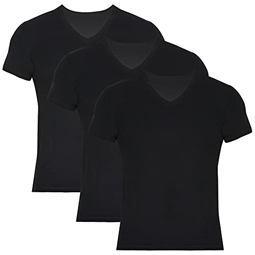 BAMBOOVEN Herren T-Shirts Rayon aus Bambus – Moderne Passform Feuchtigkeitstransport Unterhemd – Crewneck/V-Ausschnitt Tees, 3er-Pack, V-Ausschnitt - Schwarz, XL von BAMBOOVEN