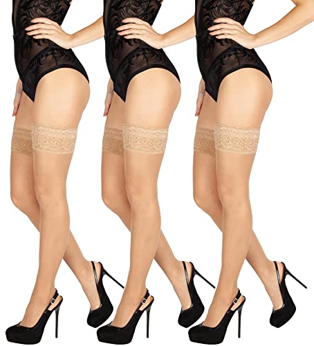 BANANALU 20 Den halterlose Strümpfe Spitzenbund 9 cm Blumenmuster sexy Overkniestrümpfe Flirt 20 Naturale 3er Set M/L von BANANALU