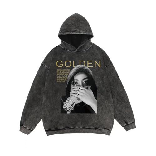 Jungkook Golden Merch Hoodies K-Pop Vintage Distressed Decolor Dirty Shop Cotton Black Lose Sweatshirt entschleiß Black-S von BANB