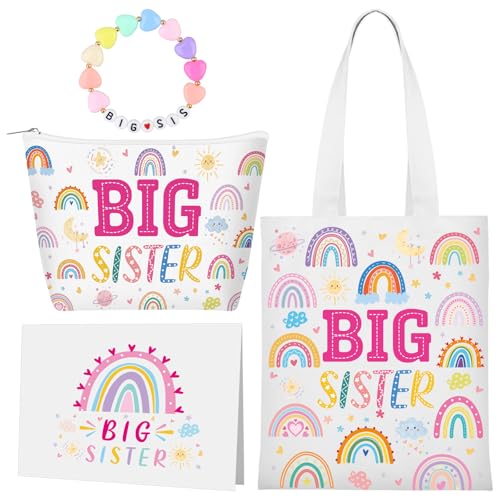 4 Stück große Schwester, Geschenke für Mädchen, buntes Perlenarmband, niedliche Initiale, Canvas-Tragetasche, Make-up-Tasche, Nachrichtenkarte mit Schmetterling, Stern, Herz, Weihnachten, Geburtstag von BANBAN